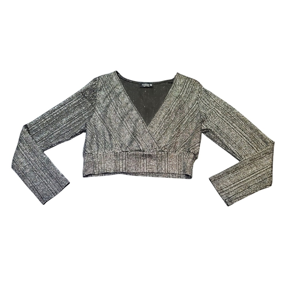 PAPEROC Silver Metallic Knit Crop Top Surplice Faux Wrap Long Sleeve Size XL